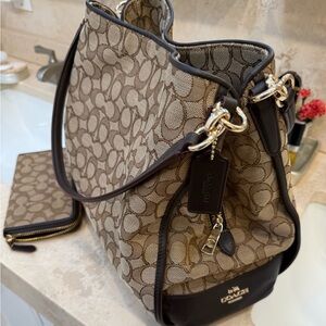 Coach Brown and Khaki Signature Tote with Gold Hardware and matching wallet nwot